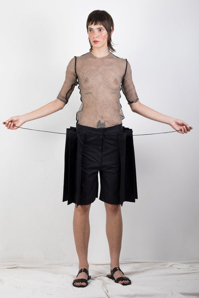 Shop Emerging Slow Fashion Genderless Brand Ludus Agender Brand Requiem Collection Black Zero Waste Cotton Twill Pleated Shorts at Erebus