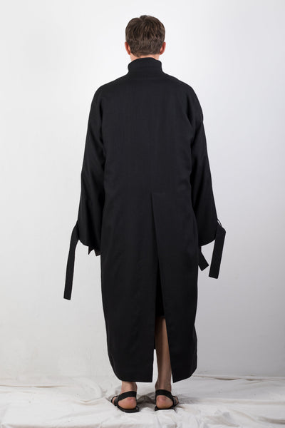 Shop Emerging Slow Fashion Genderless Brand Ludus Agender Brand Requiem Collection Black Double Collar Flax Coat at Erebus