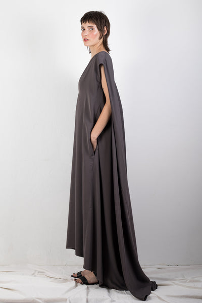 Shop Emerging Slow Fashion Genderless Brand Ludus Agender Brand Requiem Collection Grey Cupro Voluminous V-Neck Sleeveless Dress at Erebus