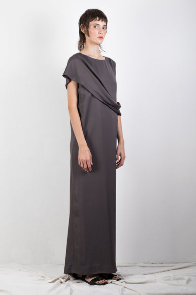 Shop Emerging Slow Fashion Genderless Brand Ludus Agender Brand Requiem Collection Grey Asymmetric Drape Column Maxi Dress at Erebus