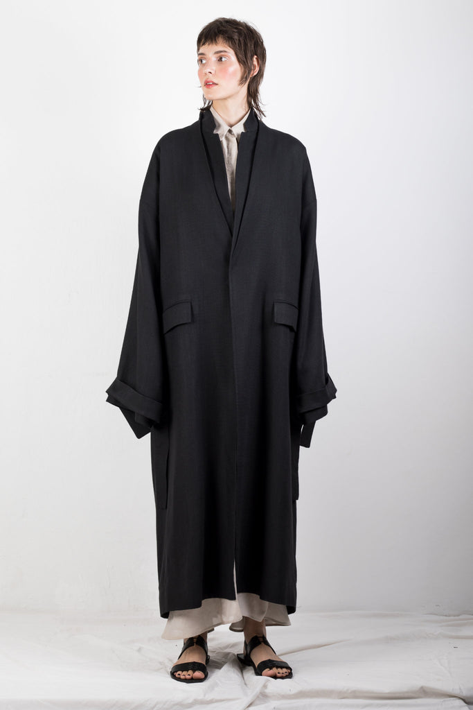 Slow Fashion Agender Brand Ludus Double Collar Flax Coat at Erebus