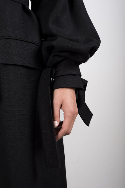 Shop Emerging Slow Fashion Genderless Brand Ludus Agender Brand Requiem Collection Black Double Collar Flax Coat at Erebus