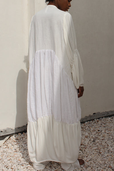 Shop emerging slow fashion conceptual genderless brand CLON8 white Wave Kaftan at Erebus