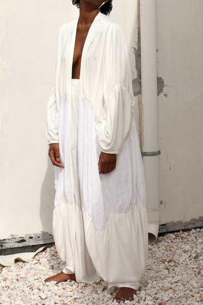 Shop emerging slow fashion conceptual genderless brand CLON8 white Wave Kaftan at Erebus