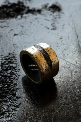 Shop Emerging Slow Fashion Avant-garde Jewellery Brand Surface Cast Blackened Bronze Slash Medium Ring at Erebus
