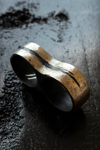 Shop Emerging Slow Fashion Avant-garde Jewellery Brand Surface Cast Blackened Bronze Slash Double Ring at Erebus