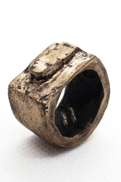Shop Emerging Slow Fashion Avant-garde Jewellery Brand Surface Cast Blackened Bronze Slope Medium Ring at Erebus