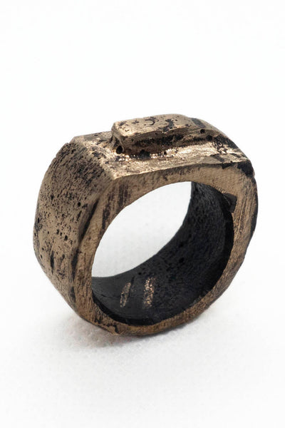 Shop Emerging Slow Fashion Avant-garde Jewellery Brand Surface Cast Blackened Bronze Slope Small Ring at Erebus