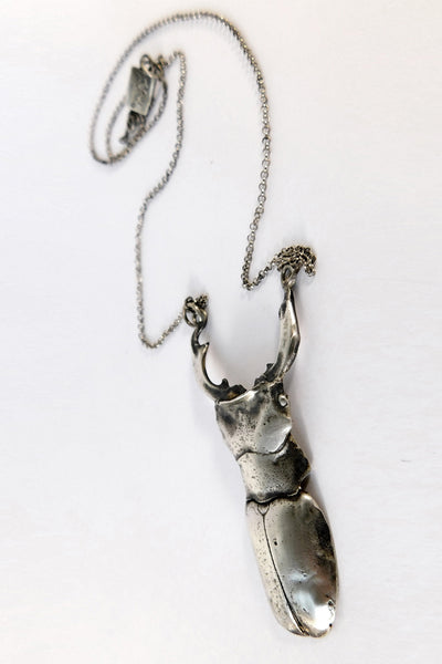 Shop Emerging Slow Fashion Conscious Designer Stacy Hopkins Jewelry Silver Stag Beetle Pendant at Erebus