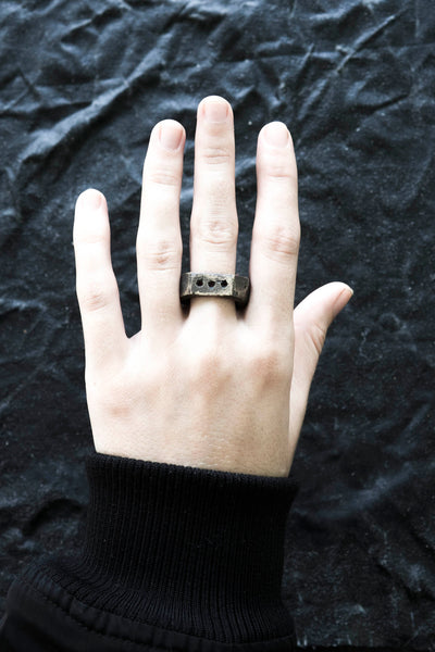 Shop Emerging Avant Garde Jewellery Brand Surface/Cast Blackened Bronze Subtraction Three Hole Small Ring