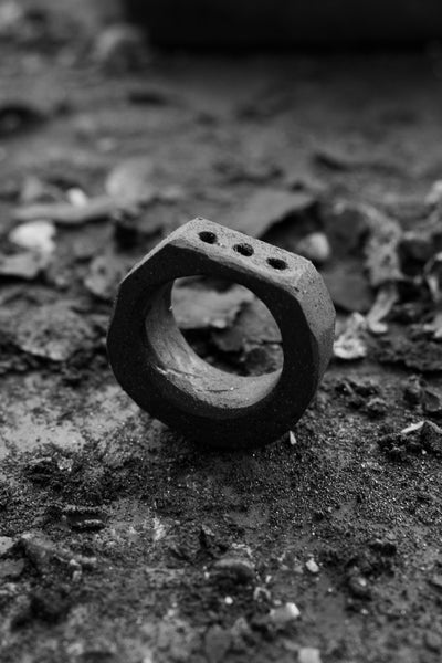Shop Emerging Avant Garde Jewellery Brand Surface/Cast Black Concrete Subtraction Three Hole Small Ring at Erebus
