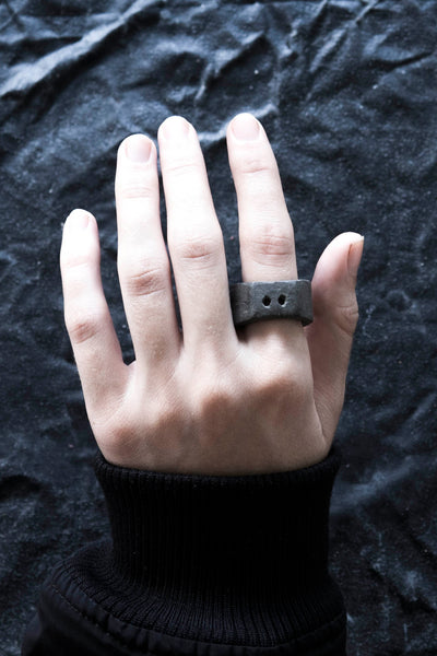 Shop Emerging avant garde Jewellery Brand Surface/Cast Black Concrete Subtraction Two Hole Medium Ring at Erebus