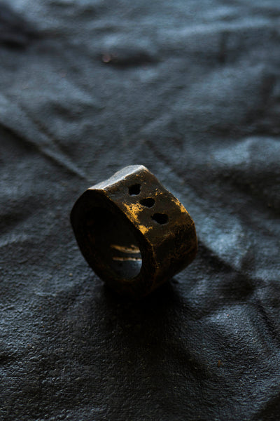 Shop Emerging Avant-garde Jewellery Brand Surface/Cast Blackened Bronze Subtraction Three Hole Medium Ring at Erebus