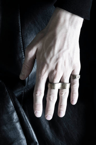 Shop Emerging Slow Fashion Avant-garde Jewellery Brand Surface Cast Blackened Bronze Surface Double Ring at Erebus