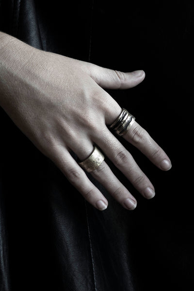 Shop Emerging Slow Fashion Avant-garde Jewellery Brand Surface Cast Blackened Bronze Incise Ring at Erebus