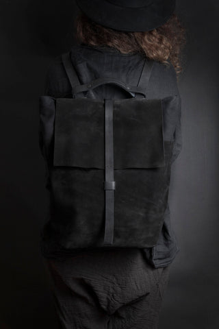 Shop Emerging Conscious Avant-garde Designer Brand MDK Miranda Kaloudis Black Suede and Waxed Cotton Canvas Transformable Tesris Flap Backpack Bag at Erebus
