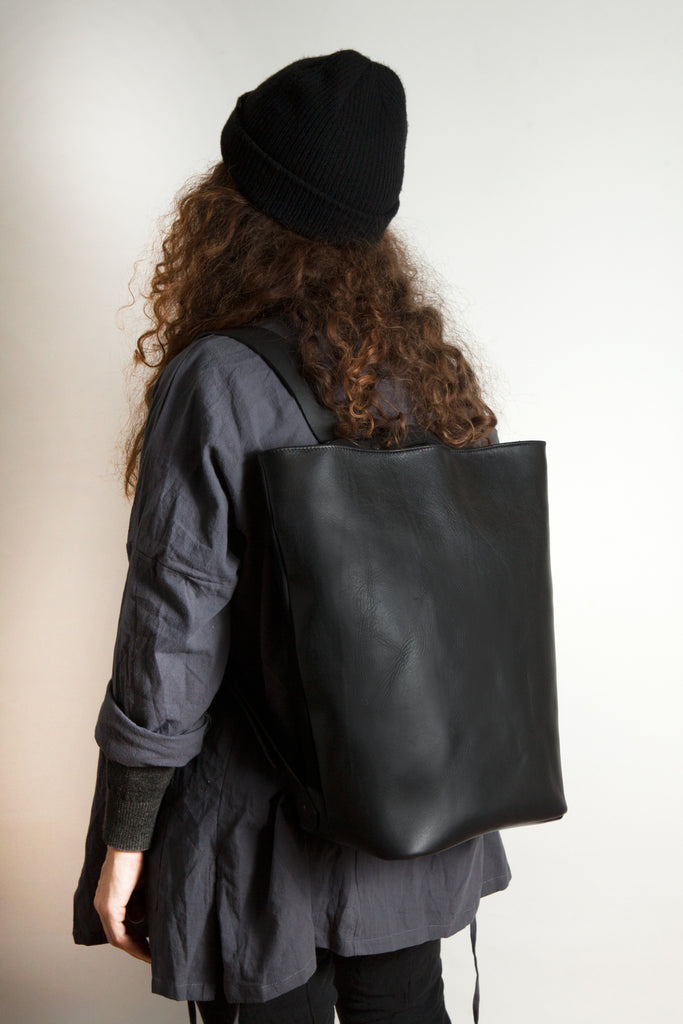 Shop Emerging Conscious Avant-garde Designer Brand MDK Miranda Kaloudis Black Box Leather Transformable Tesris Bag at Erebus