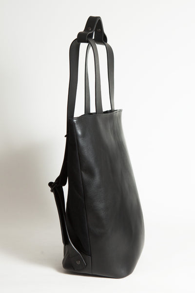 Shop Emerging Conscious Avant-garde Designer Brand MDK Miranda Kaloudis Black Box Leather Transformable Tesris Bag at Erebus