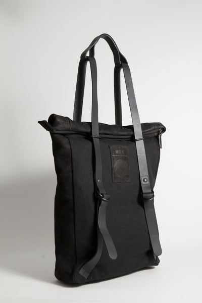 Shop Emerging Conscious Avant-garde Designer Brand MDK Miranda Kaloudis Faded Black Nubuck and Waxed Cotton Canvas Transformable Tesris Tall Backpack Bag at Erebus