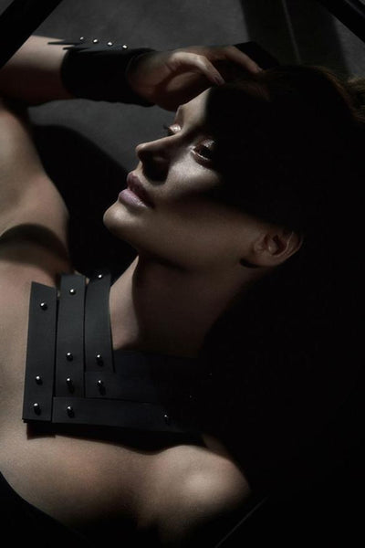 Shop emerging slow fashion accessory brand Aumorfia black leather VV cuff - Erebus