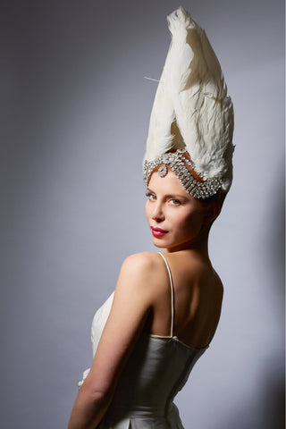 Shop emerging slow fashion milliner Valeria Agostini white peacock Lada headpiece - Erebus