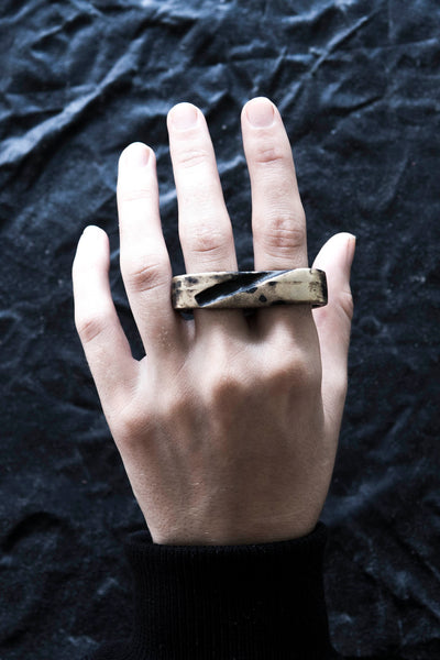 Shop Emerging Avant Garde Jewellery Brand Surface/Cast Blackened Bronze Void Double Ring at Erebus