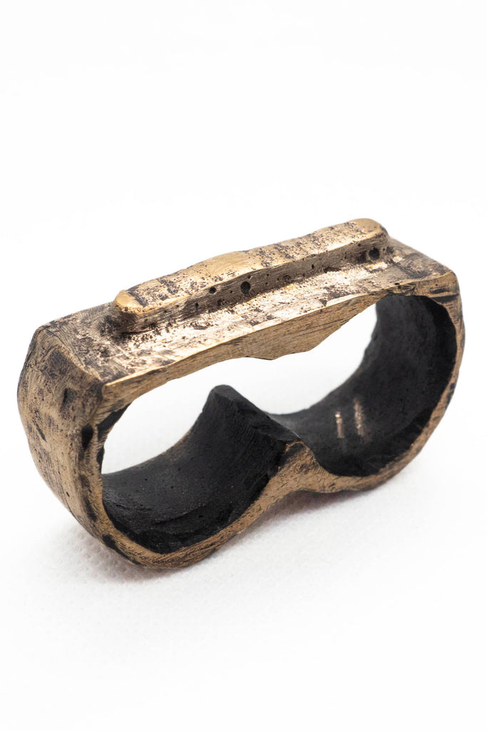 Shop Emerging Slow Fashion Avant-garde Jewellery Brand Surface Cast Blackened Bronze Worn Double Ring at Erebus