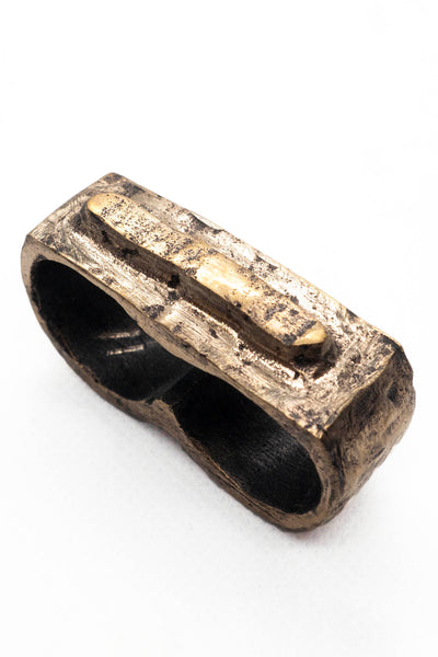 Shop Emerging Slow Fashion Avant-garde Jewellery Brand Surface Cast Blackened Bronze Worn Double Ring at Erebus