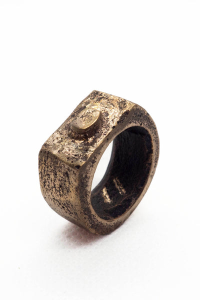 Shop Emerging Slow Fashion Avant-garde Jewellery Brand Surface Cast Blackened Bronze Worn Small Ring at Erebus