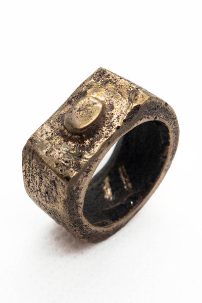 Shop Emerging Slow Fashion Avant-garde Jewellery Brand Surface Cast Blackened Bronze Worn Small Ring at Erebus