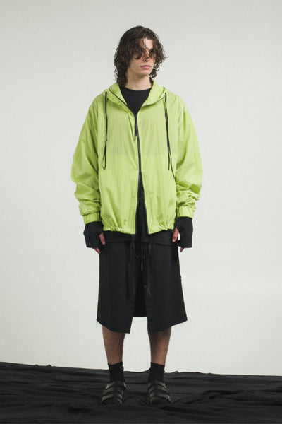 Shop Conscious Contemporary Menswear Brand Zsigmond Kudus SS23 Collection Acid Green Recycled Polyester Zamur Raindrop Jacket at Erebus