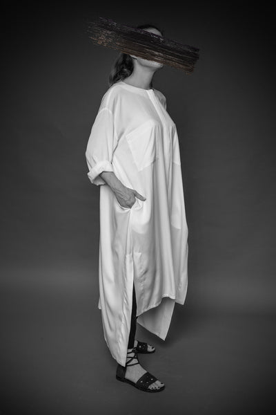 Shop Conscious Agender Dark Fashion Brand MAKS Design SS21 White Cotton Long Shirt Dress at Erebus