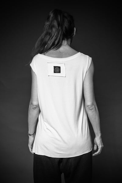 Shop Conscious Dark Fashion Brand MAKS Design AW2020 White Sleeveless Basic Asymmetric Top at Erebus