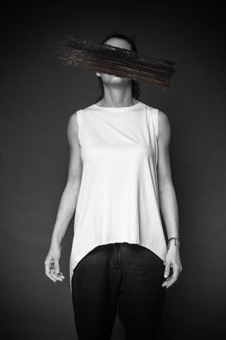 Shop Conscious Agender Dark Fashion Brand MAKS Design SS21 White Viscose Jersey Asymmetric Basic Sleeveless Top at Erebus
