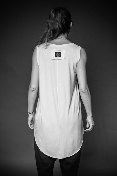 Shop Conscious Agender Dark Fashion Brand MAKS Design SS21 White Viscose Jersey Asymmetric Basic Sleeveless Top at Erebus