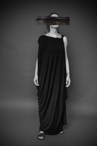 Shop Conscious Agender Dark Fashion Brand MAKS Design SS21 Black Viscose Jersey Asymmetric Cold Shoulder Draped Maxi Dress at Erebus
