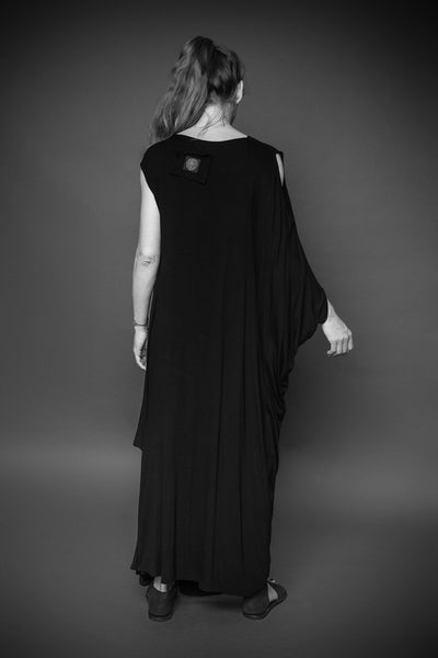 Shop Conscious Agender Dark Fashion Brand MAKS Design SS21 Black Viscose Jersey Asymmetric Cold Shoulder Draped Maxi Dress at Erebus
