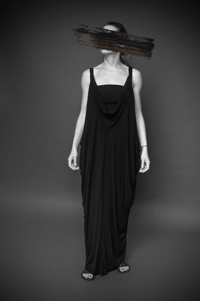 Shop Conscious Agender Dark Fashion Brand MAKS Design SS21 Black Viscose Jersey Transformable Bandeau Maxi Dress at Erebus