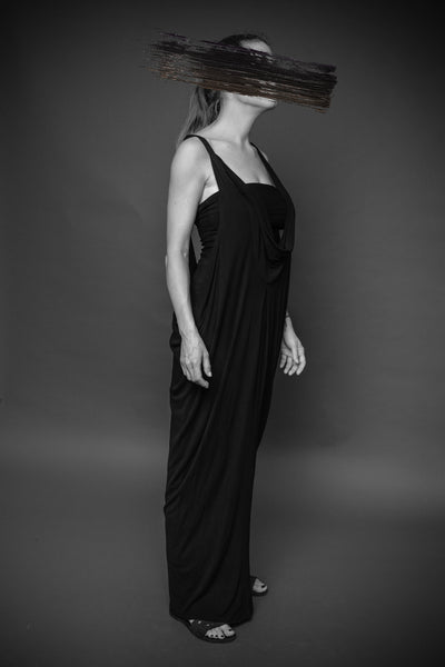 Shop Conscious Agender Dark Fashion Brand MAKS Design SS21 Black Viscose Jersey Transformable Bandeau Maxi Dress at Erebus