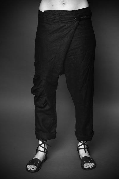 Shop Conscious Agender Dark Fashion Brand MAKS Design SS21 Black Asymmetric Drape Trousers at Erebus