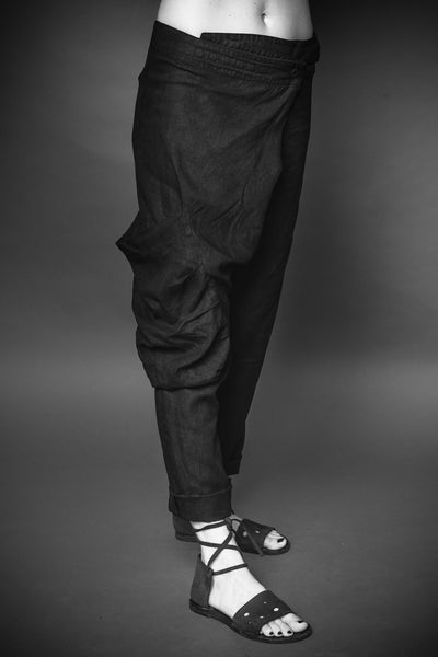 Shop Conscious Agender Dark Fashion Brand MAKS Design SS21 Black Asymmetric Drape Trousers at Erebus