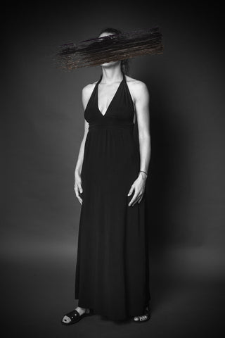 Shop Conscious Agender Dark Fashion Brand MAKS Design SS21 Black Viscose Jersey Halter Maxi Dress at Erebus