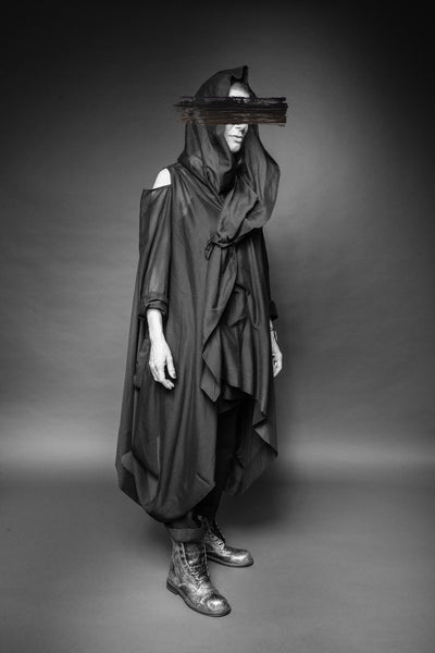 Shop Conscious Dark Fashion Brand MAKS Design SS20 Black Sheer Berlin Cold Shoulder Coat Blouse at Erebus