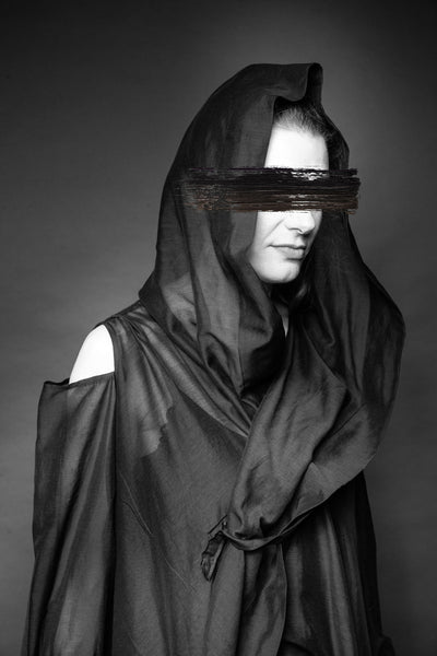 Shop Conscious Dark Fashion Brand MAKS Design SS20 Black Sheer Berlin Cold Shoulder Coat Blouse at Erebus