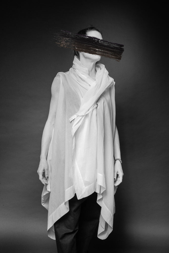 Shop Conscious Dark Fashion Brand MAKS Design SS20 White Sleeveless Berlin Coat Tunic at Erebus
