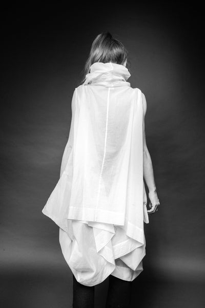 Shop Conscious Dark Fashion Brand MAKS Design SS20 White Sleeveless Berlin Coat Tunic at Erebus