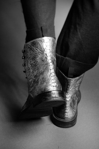Shop Conscious Dark Fashion Brand MAKS Design AW2020 Silver Leather Lace Up Boots at Erebus