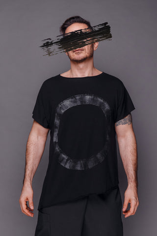 Shop Emerging Conscious Dark Fashion Brand MAKS Men's Black Asymmetric Hand-painted T-shirt at Erebus