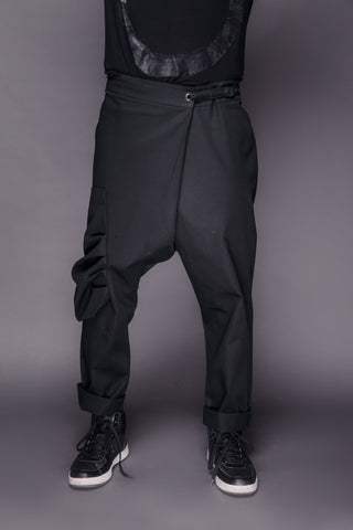 Shop Emerging Conscious Dark Fashion Brand MAKS Men's Black Fisherman Pants at Erebus