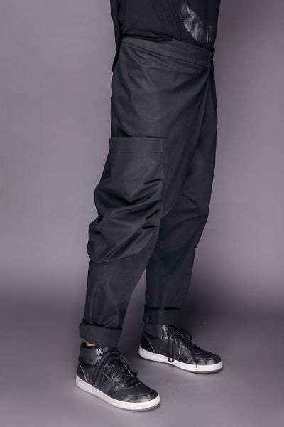 Shop Emerging Conscious Dark Fashion Brand MAKS Men's Black Fisherman Pants at Erebus